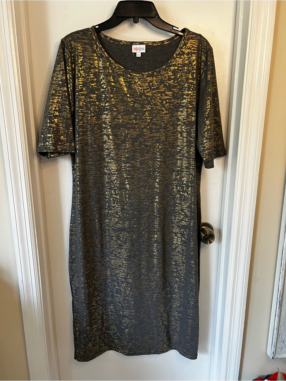 LuLaRoe Gray Dress with Gold Foil Accents